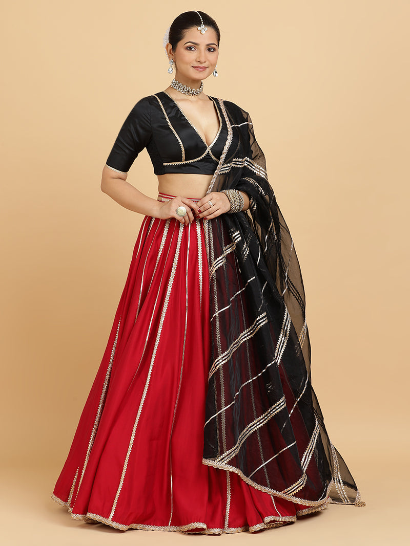 Madhuri Zeenat 4-Pc Lehenga Set x Tyohaar | Red Lehenga, Charcoal Black Blouse with Chandni Black Dupatta and Cancan Skirt-Binks