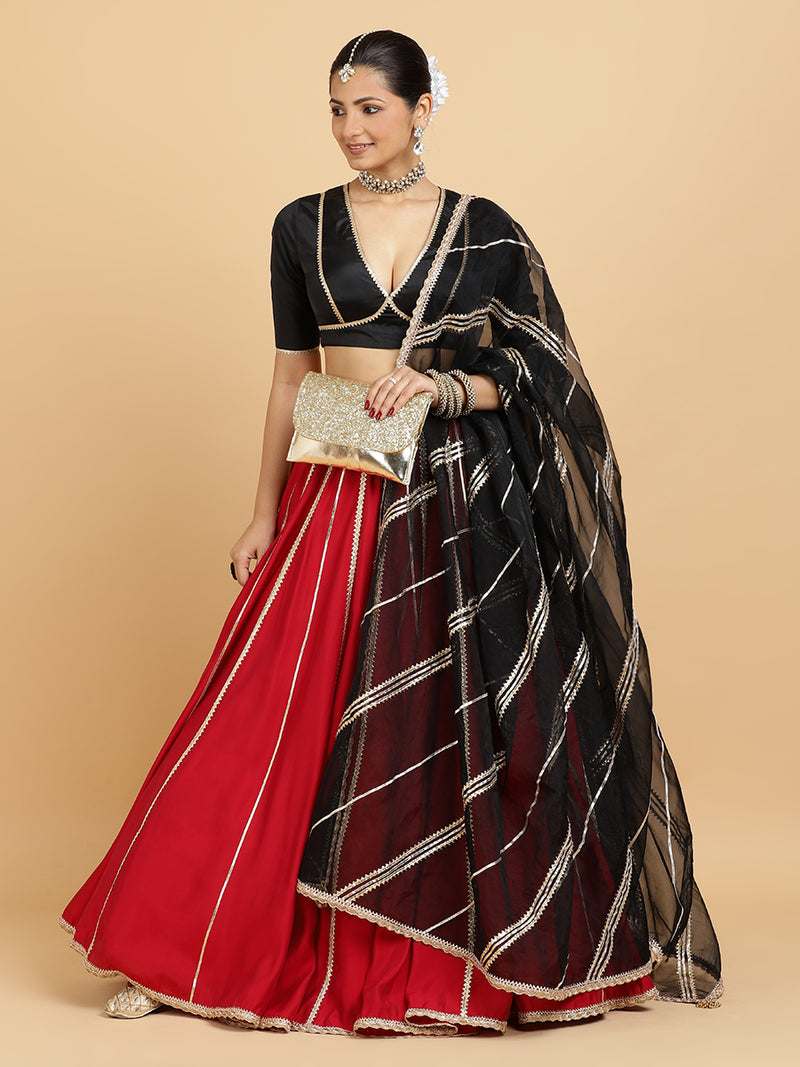 Madhuri Zeenat 4-Pc Lehenga Set x Tyohaar | Red Lehenga, Charcoal Black Blouse with Chandni Black Dupatta and Cancan Skirt-Binks