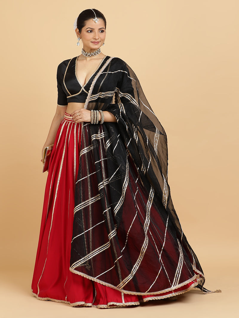 Madhuri Zeenat 4-Pc Lehenga Set x Tyohaar | Red Lehenga, Charcoal Black Blouse with Chandni Black Dupatta and Cancan Skirt-Binks