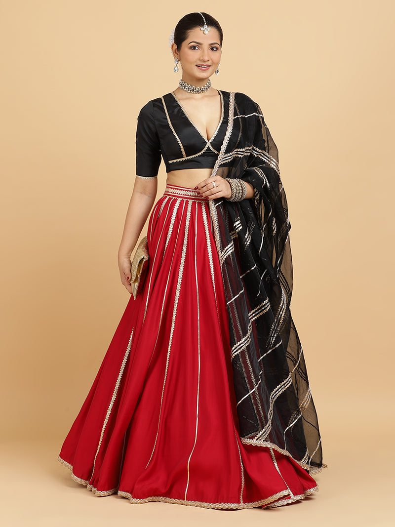 Madhuri Zeenat 4-Pc Lehenga Set x Tyohaar | Red Lehenga, Charcoal Black Blouse with Chandni Black Dupatta and Cancan Skirt-Binks