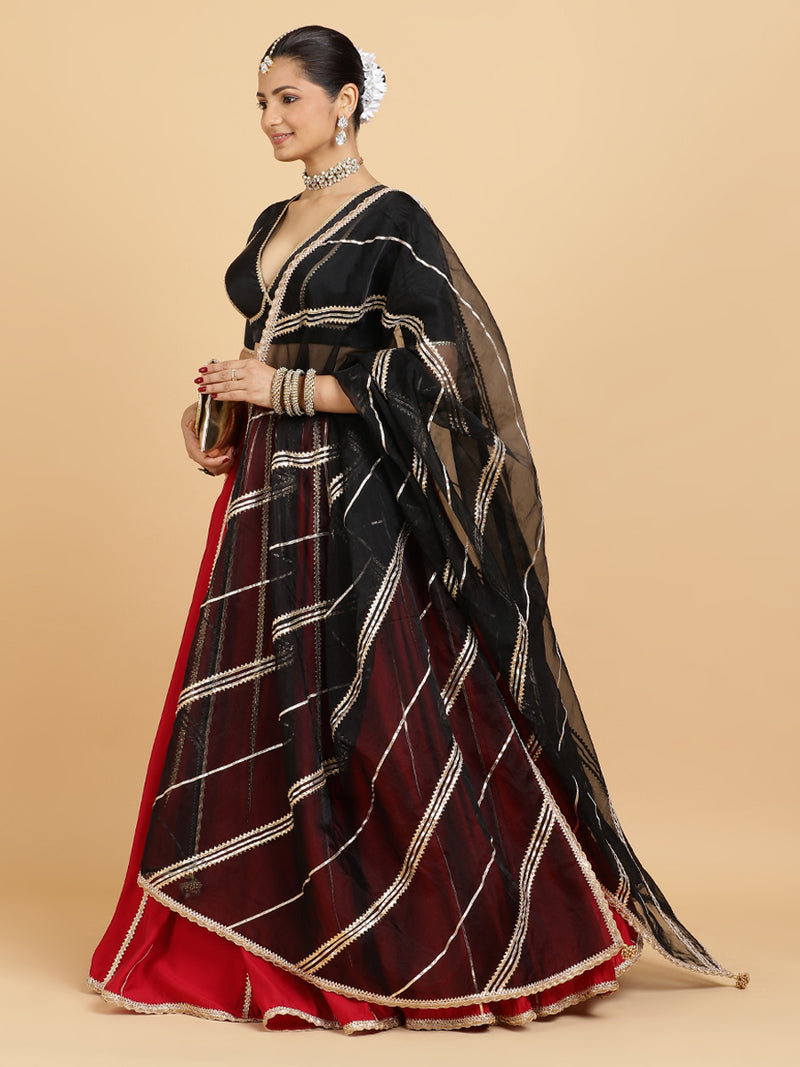 Madhuri Zeenat 4-Pc Lehenga Set x Tyohaar | Red Lehenga, Charcoal Black Blouse with Chandni Black Dupatta and Cancan Skirt-Binks