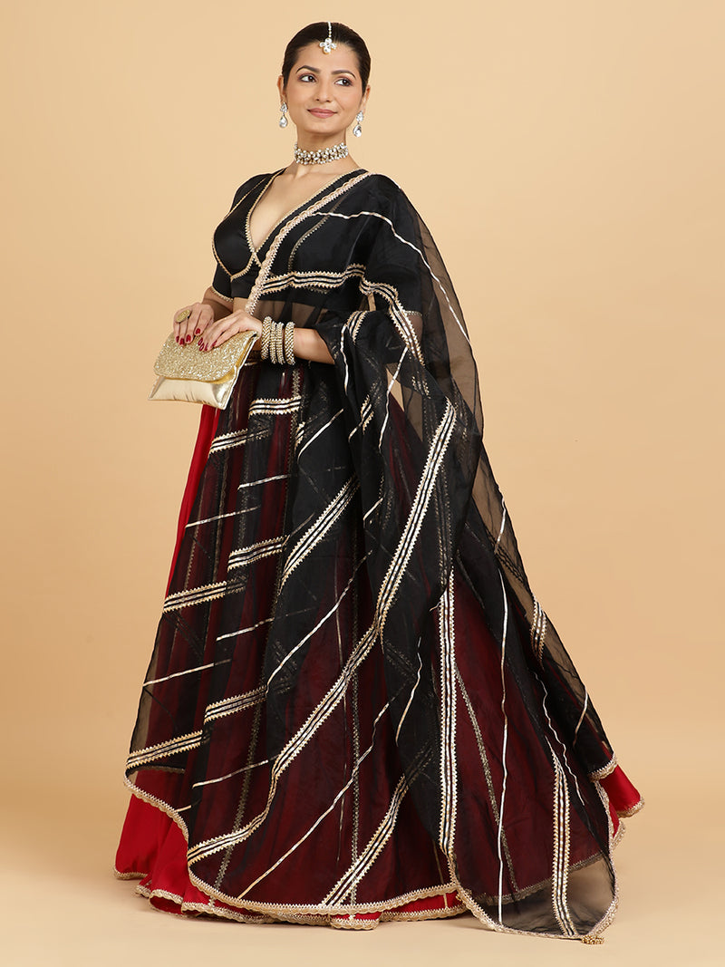 Madhuri Zeenat 4-Pc Lehenga Set x Tyohaar | Red Lehenga, Charcoal Black Blouse with Chandni Black Dupatta and Cancan Skirt-Binks
