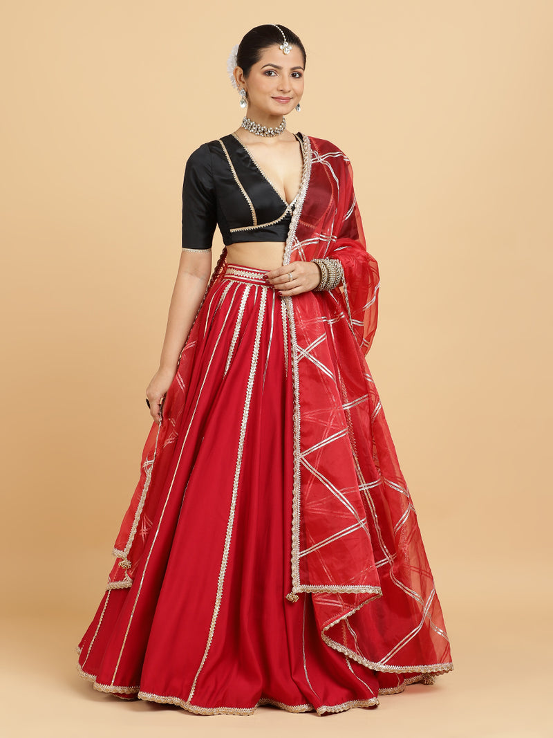 Madhuri Zeenat 4-Pc Lehenga Set x Tyohaar | Red Lehenga, Charcoal Black Blouse with Leela Red Dupatta and Cancan Skirt-Binks