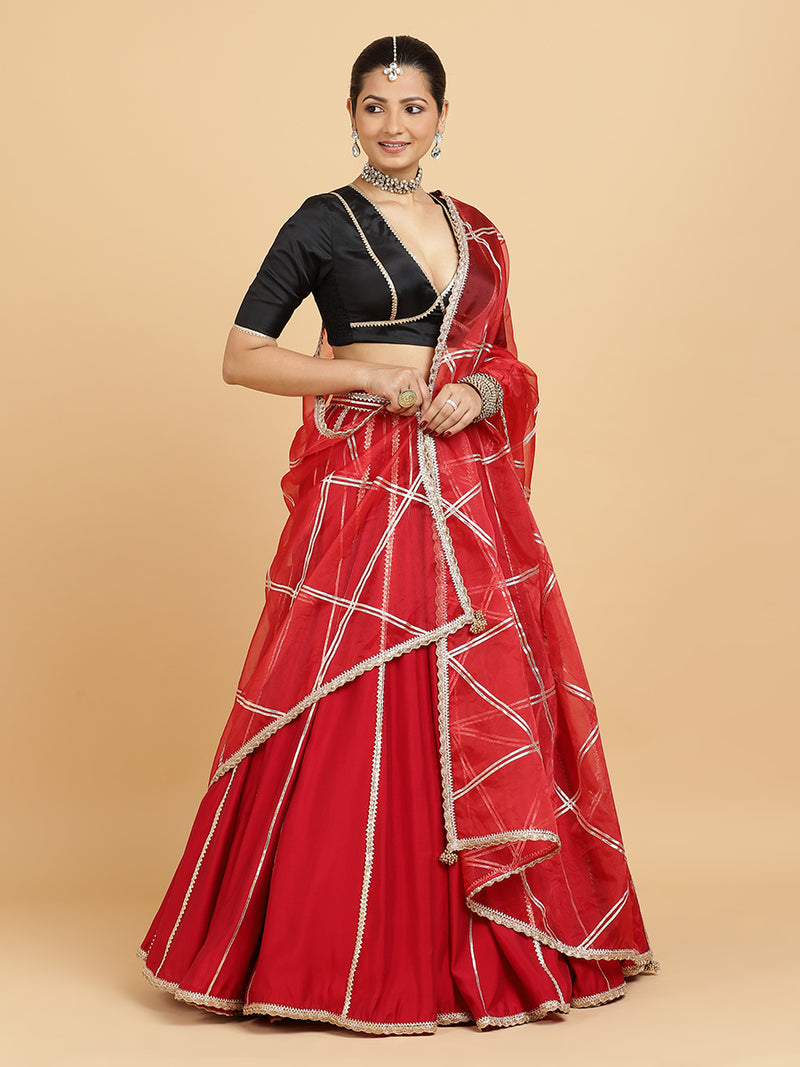 Madhuri Zeenat 4-Pc Lehenga Set x Tyohaar | Red Lehenga, Charcoal Black Blouse with Leela Red Dupatta and Cancan Skirt-Binks