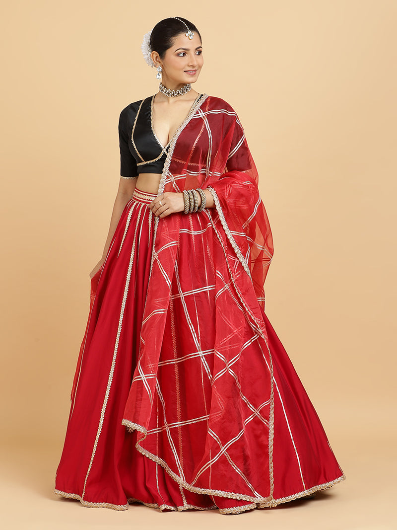 Madhuri Zeenat 4-Pc Lehenga Set x Tyohaar | Red Lehenga, Charcoal Black Blouse with Leela Red Dupatta and Cancan Skirt-Binks