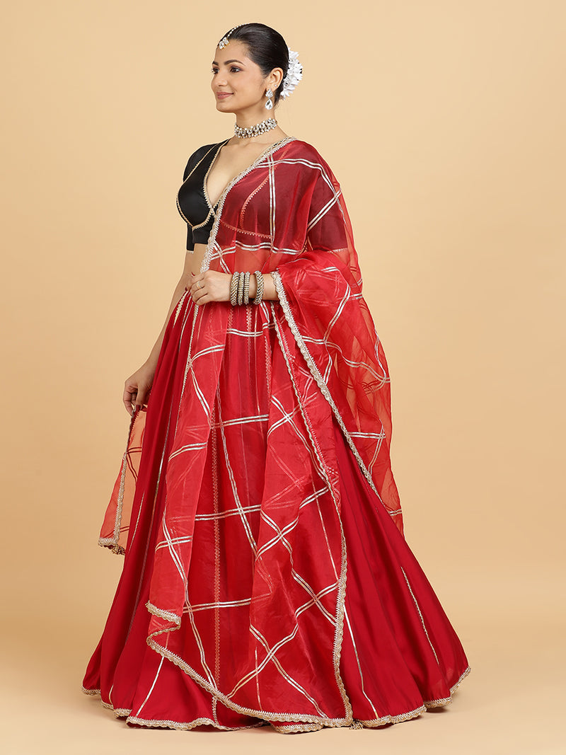 Madhuri Zeenat 4-Pc Lehenga Set x Tyohaar | Red Lehenga, Charcoal Black Blouse with Leela Red Dupatta and Cancan Skirt-Binks
