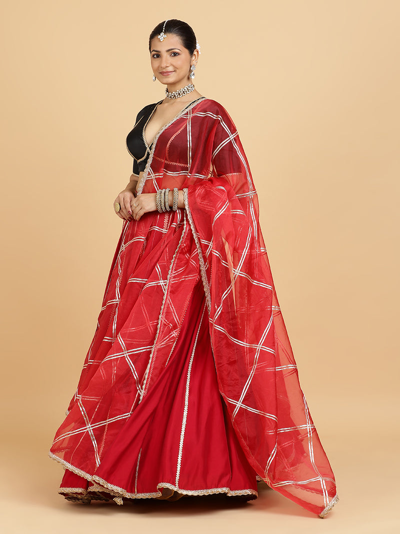 Madhuri Zeenat 4-Pc Lehenga Set x Tyohaar | Red Lehenga, Charcoal Black Blouse with Leela Red Dupatta and Cancan Skirt-Binks