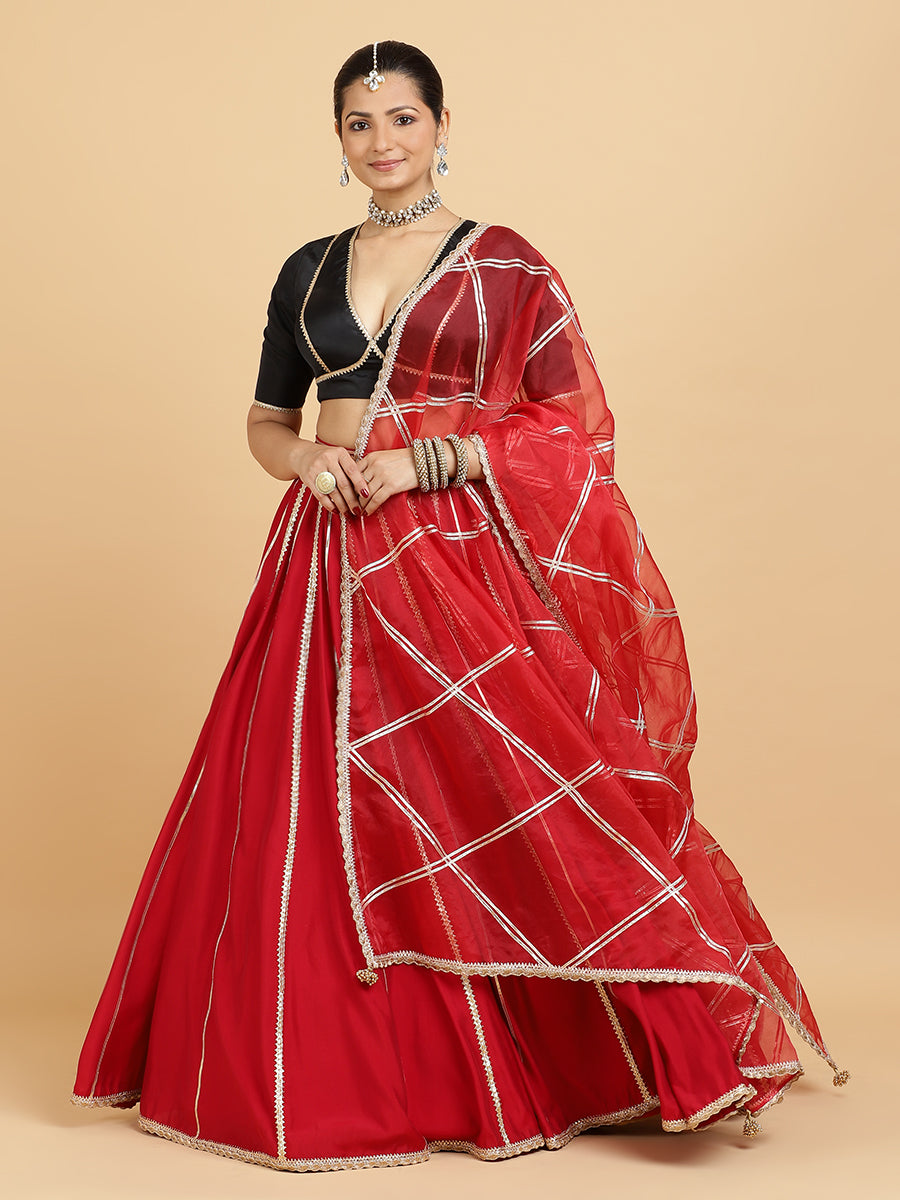 Madhuri Zeenat 4-Pc Lehenga Set x Tyohaar, in Red, featuring elbow sleeves and v-neckline, made for party & festive (view 6).