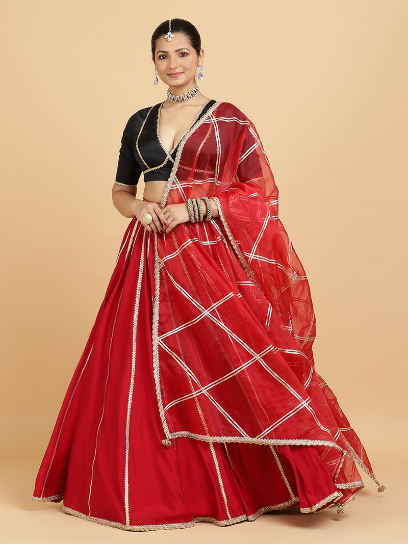 Madhuri Zeenat 4-Pc Lehenga Set x Tyohaar | Red Lehenga, Charcoal Black Blouse with Leela Red Dupatta and Cancan Skirt-Binks