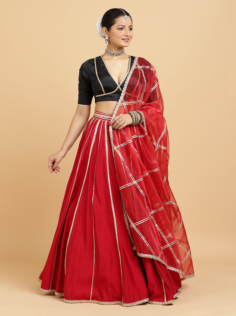 Madhuri Zeenat 4-Pc Lehenga Set x Tyohaar | Red Lehenga, Charcoal Black Blouse with Leela Red Dupatta and Cancan Skirt-Binks