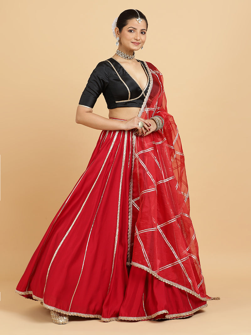 Madhuri Zeenat 4-Pc Lehenga Set x Tyohaar | Red Lehenga, Charcoal Black Blouse with Leela Red Dupatta and Cancan Skirt-Binks