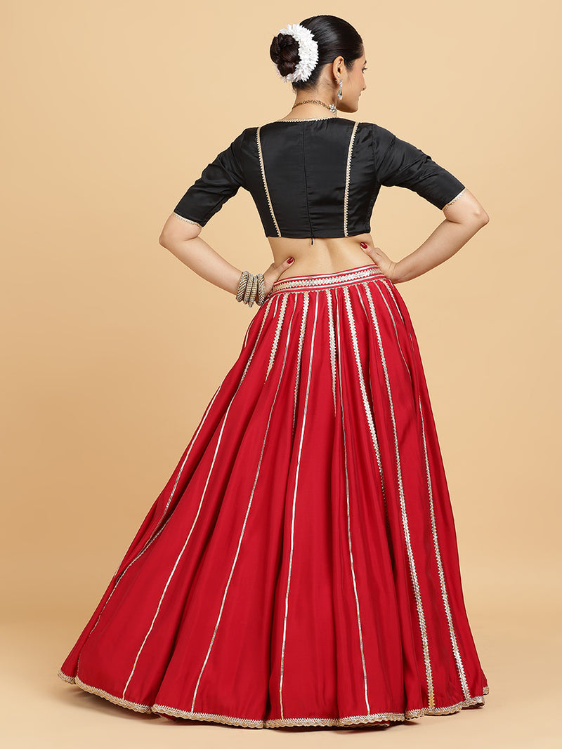 Madhuri Zeenat 4-Pc Lehenga Set x Tyohaar | Red Lehenga, Charcoal Black Blouse with Leela Red Dupatta and Cancan Skirt-Binks
