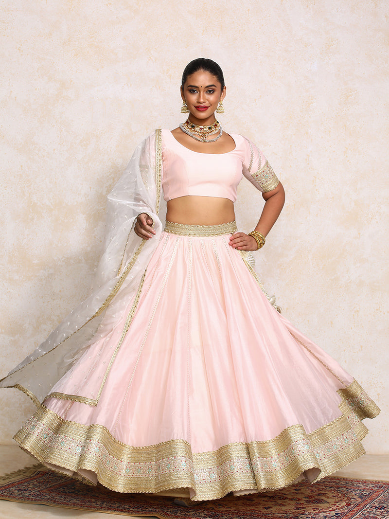 Mahira x Tyohaar | Baby Pink Plain Chandheri FlareFit™ Lehenga Set with Dupatta-Binks
