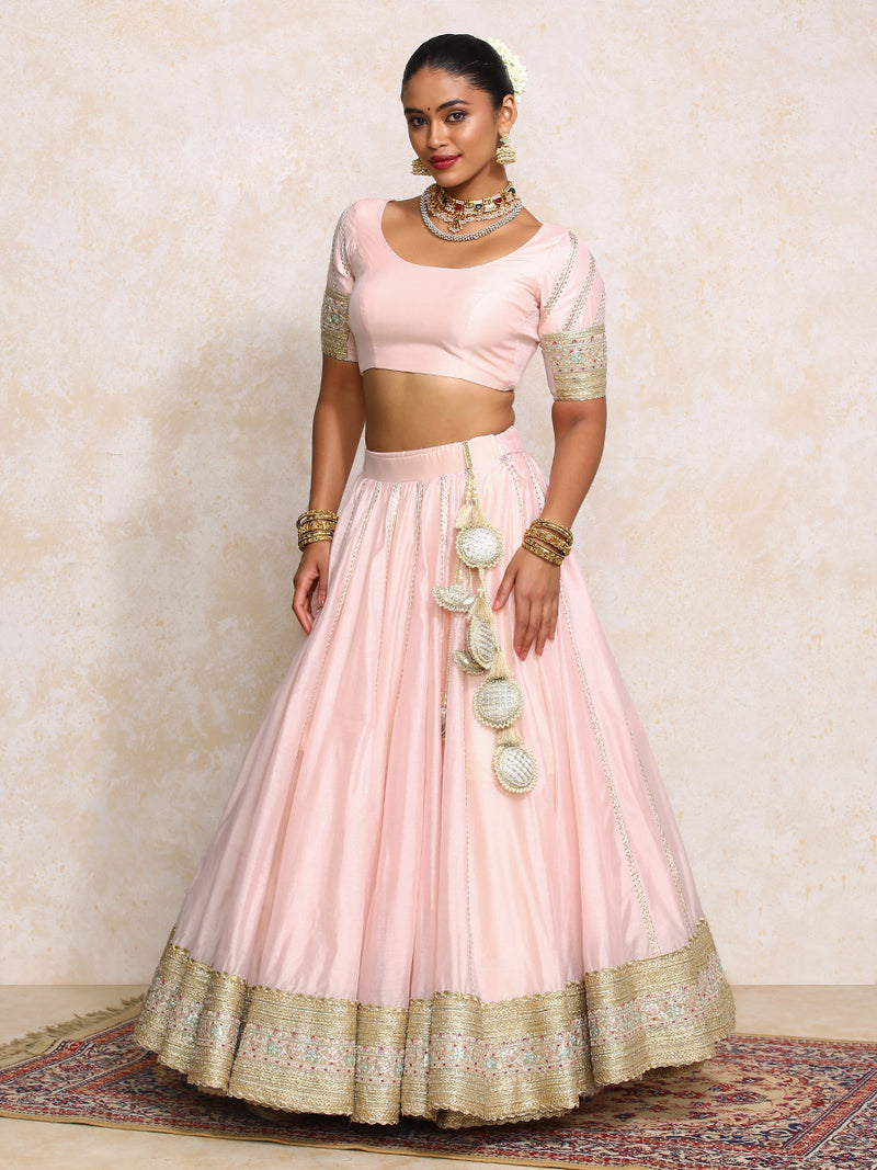 Mahira x Tyohaar | Baby Pink Plain Chandheri FlareFit™ Lehenga Set with Dupatta-Binks