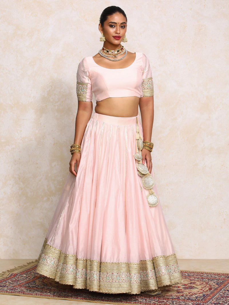 Mahira x Tyohaar | Baby Pink Plain Chandheri FlareFit™ Lehenga Set with Dupatta-Binks