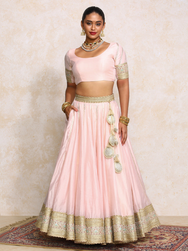 Mahira x Tyohaar | Baby Pink Plain Chandheri FlareFit™ Lehenga Set with Dupatta-Binks