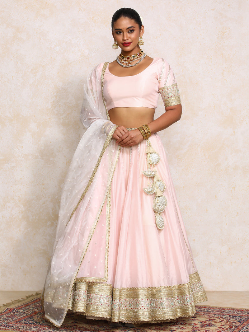 Mahira x Tyohaar | Baby Pink Plain Chandheri FlareFit™ Lehenga Set with Dupatta-Binks