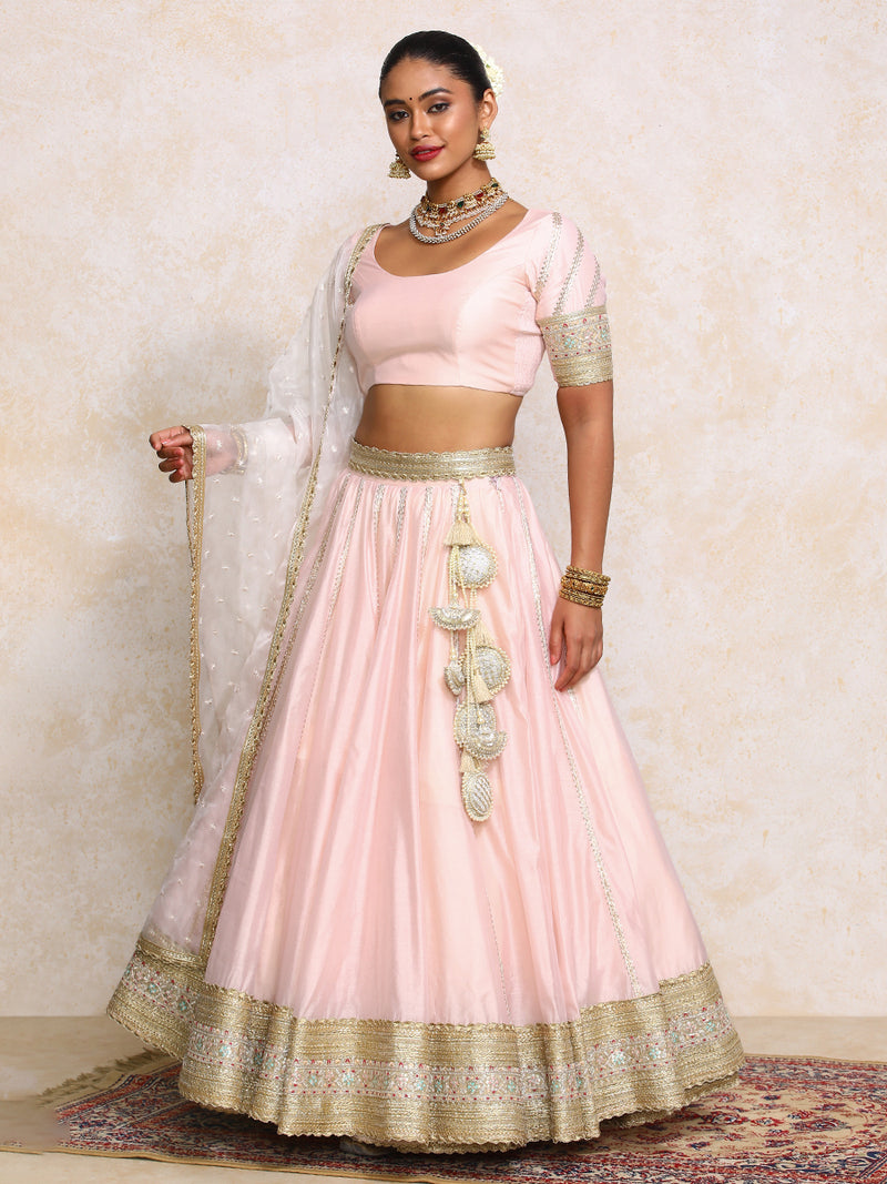 Mahira x Tyohaar | Baby Pink Plain Chandheri FlareFit™ Lehenga Set with Dupatta-Binks