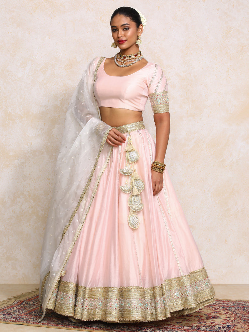 Mahira x Tyohaar | Baby Pink Plain Chandheri FlareFit™ Lehenga Set with Dupatta-Binks