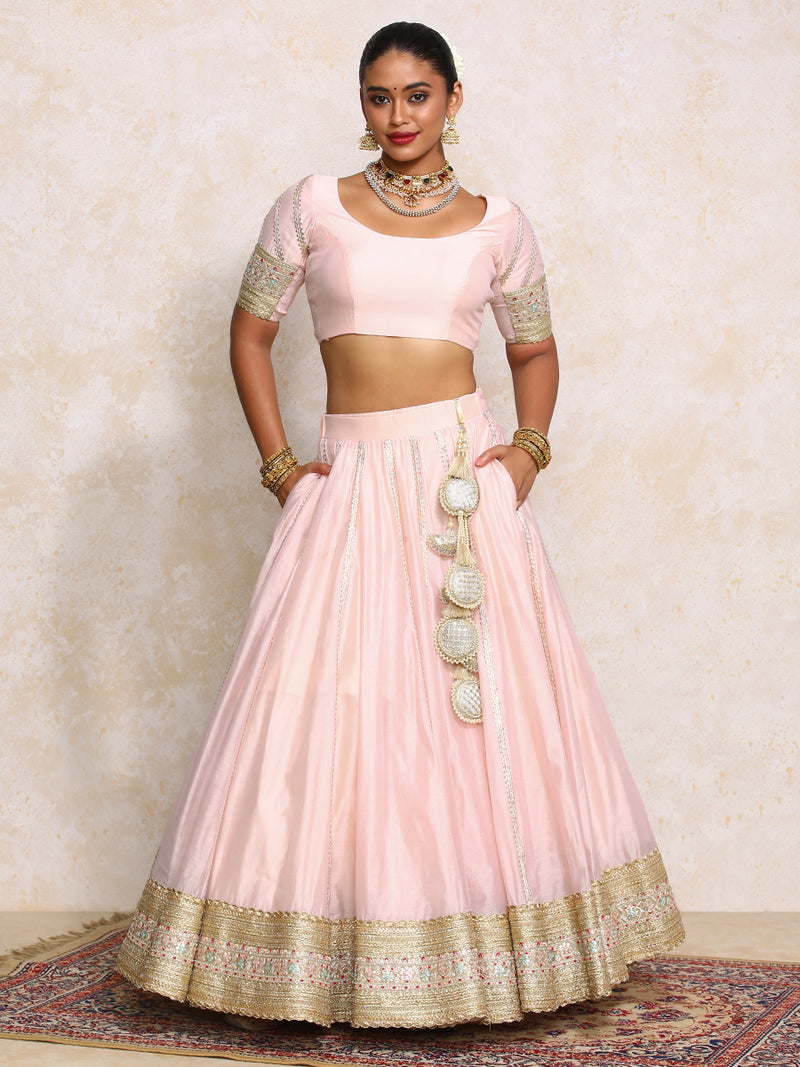Mahira x Tyohaar | Baby Pink Plain Chandheri FlareFit™ Lehenga Set with Dupatta-Binks