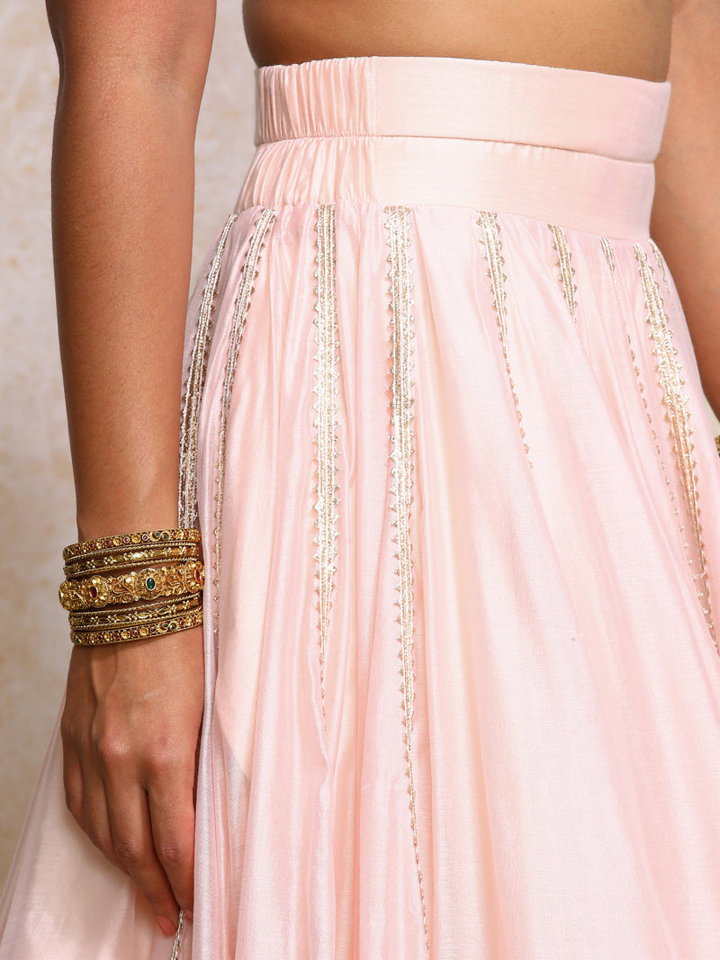 Mahira x Tyohaar | Baby Pink Plain Chandheri FlareFit™ Lehenga Set with Dupatta-Binks
