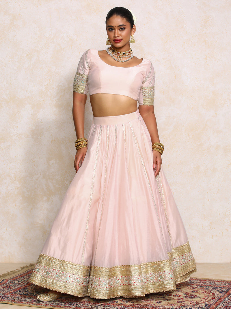 Mahira x Tyohaar | Baby Pink Plain Chandheri FlareFit™ Lehenga Set with Dupatta-Binks