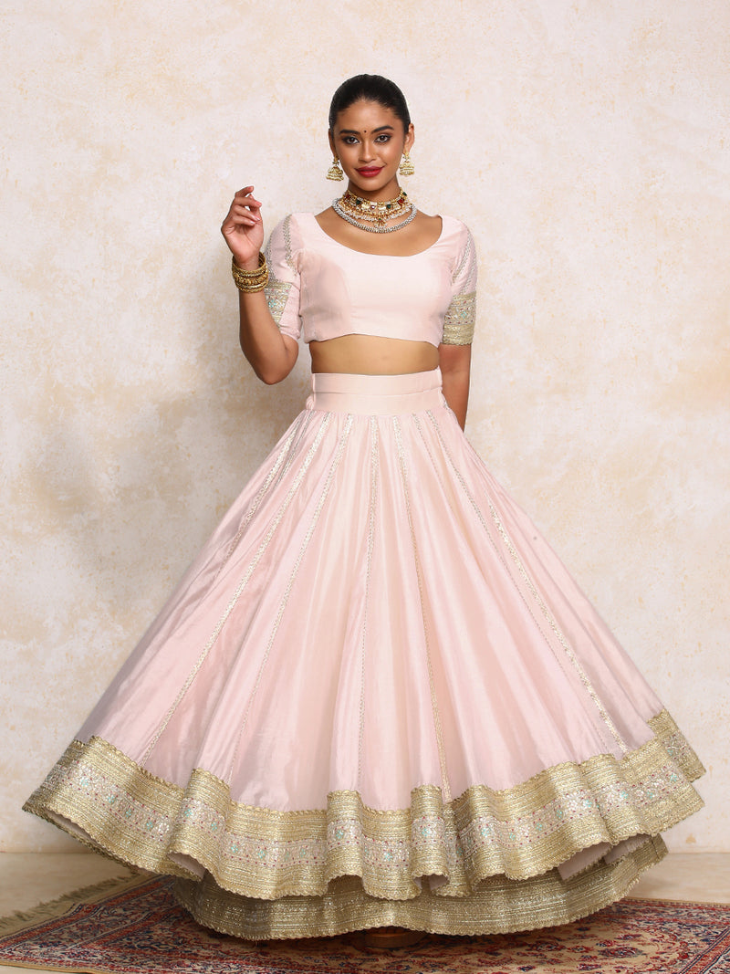 Mahira x Tyohaar | Baby Pink Plain Chandheri FlareFit™ Lehenga Set with Dupatta-Binks