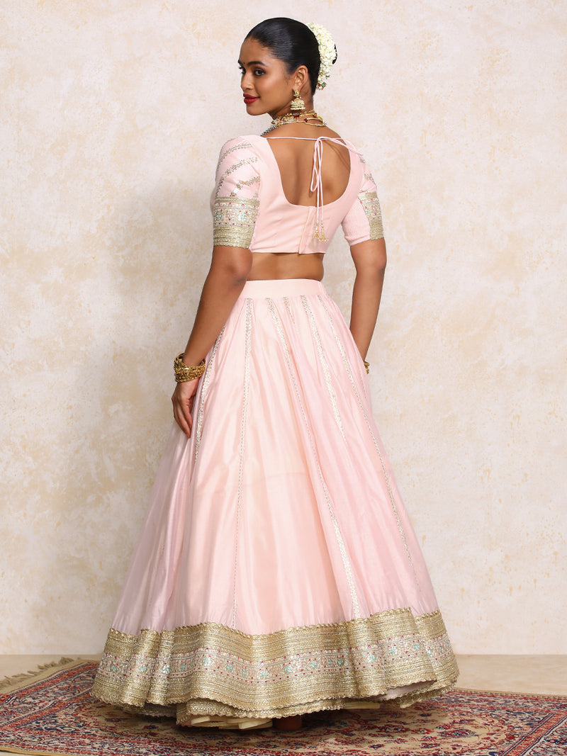 Mahira x Tyohaar | Baby Pink Plain Chandheri FlareFit™ Lehenga Set with Dupatta-Binks