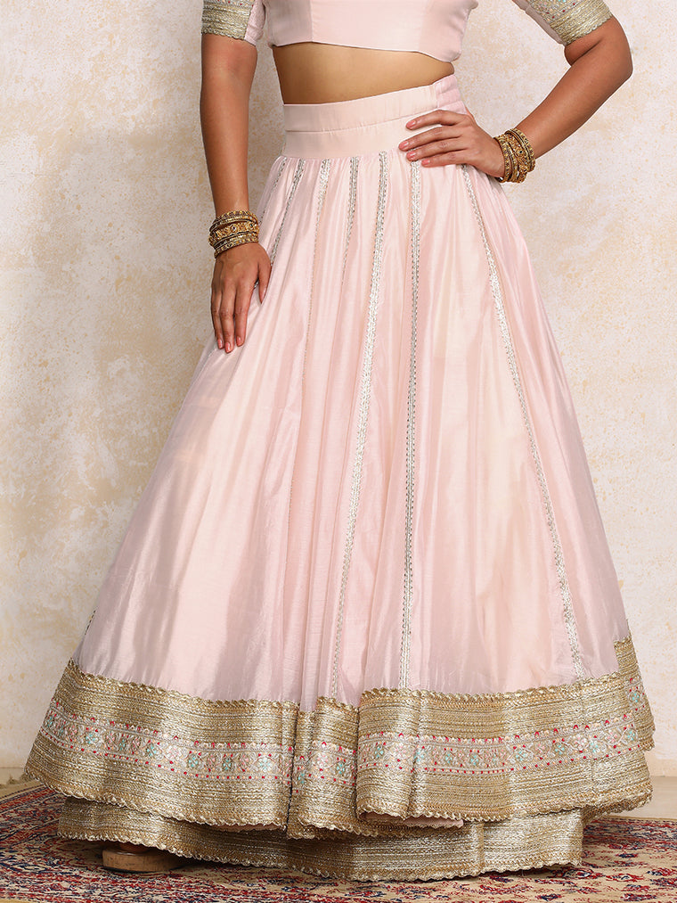Mahira x Tyohaar Lehenga Set, in Pink Chandheri, featuring elbow sleeves and scoop neckline, made for party & festive (view 3).