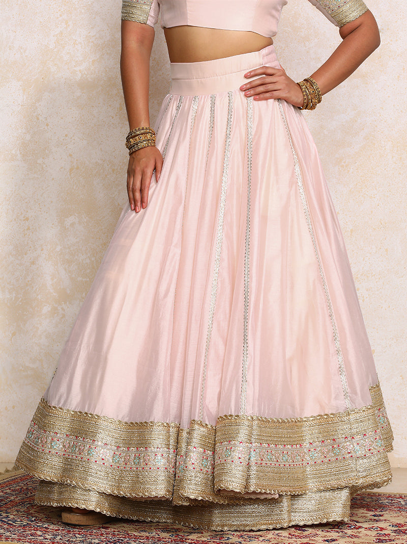 Mahira x Tyohaar | Baby Pink Plain Chandheri FlareFit™ Lehenga Set with Dupatta-Binks