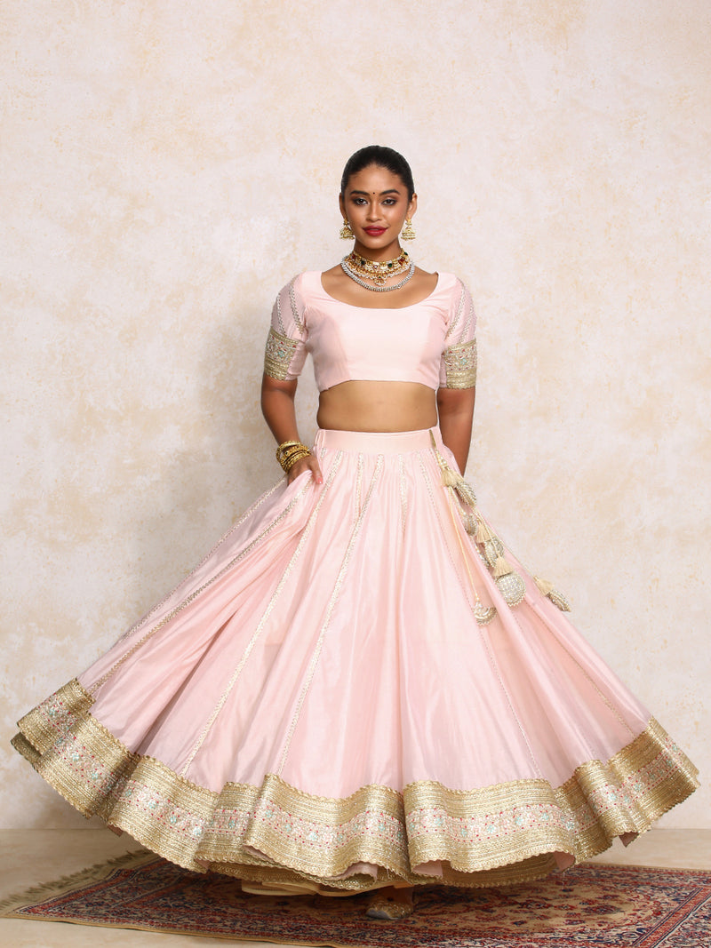 Mahira x Tyohaar | Baby Pink Plain Chandheri FlareFit™ Lehenga Set with Dupatta-Binks