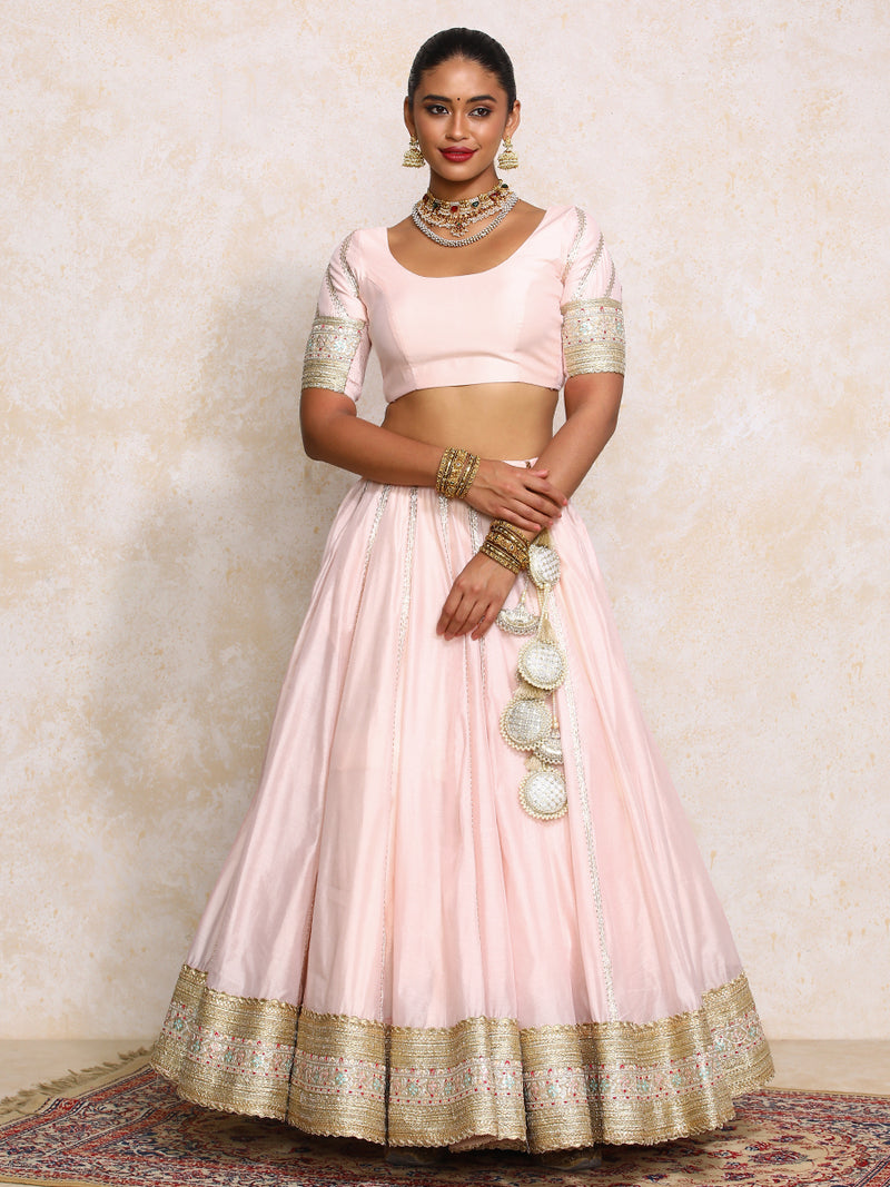 Mahira x Tyohaar | Baby Pink Plain Chandheri FlareFit™ Lehenga Set with Dupatta-Binks