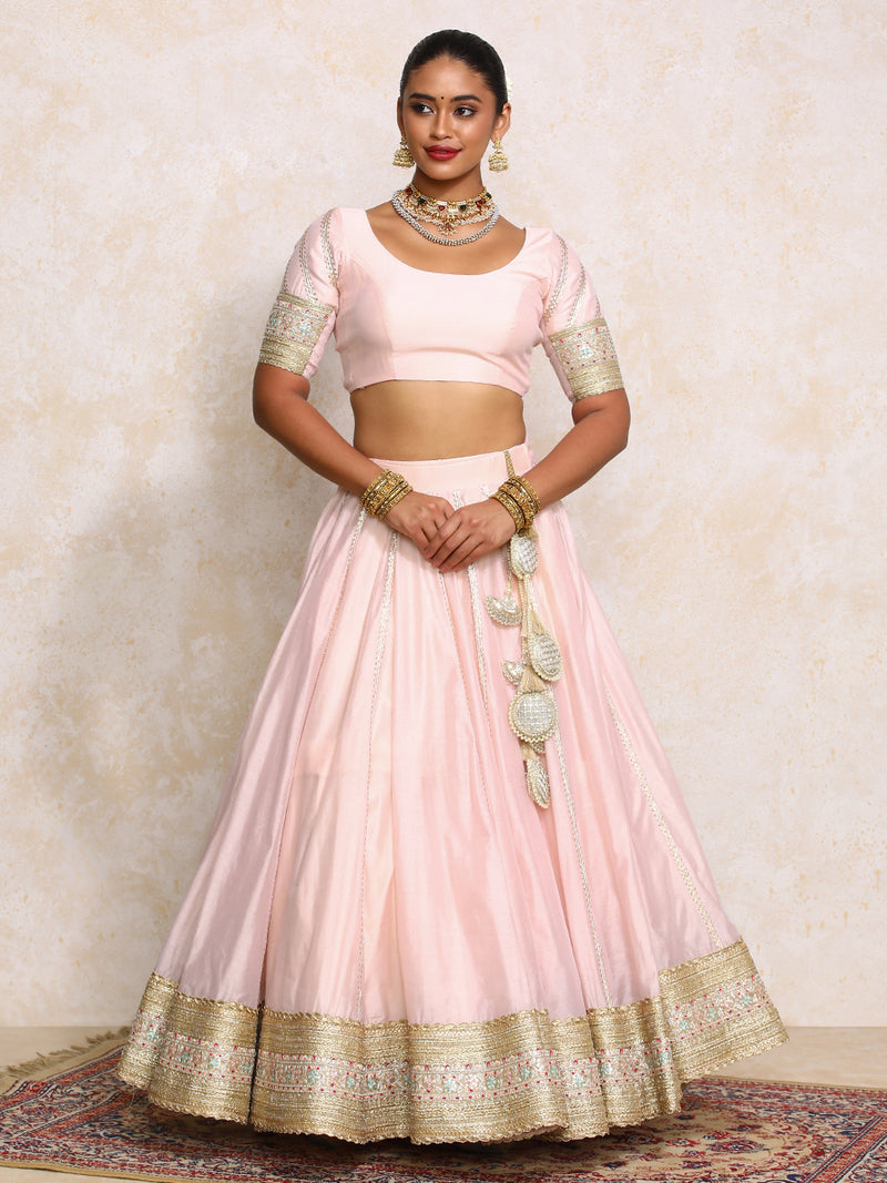 Mahira x Tyohaar | Baby Pink Plain Chandheri FlareFit™ Lehenga Set with Dupatta-Binks