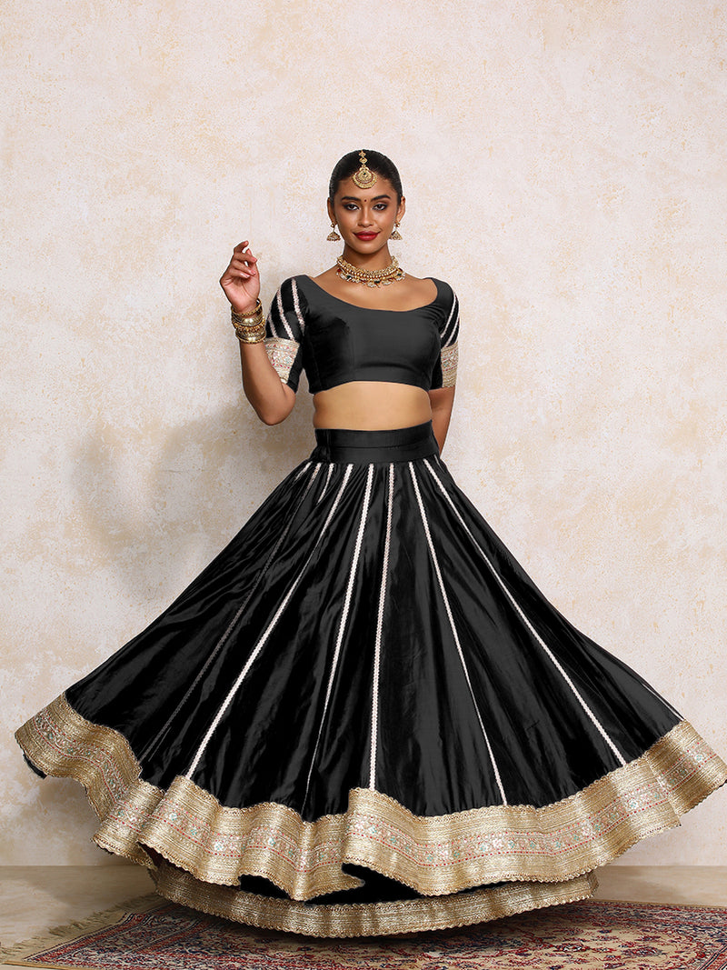 Mahira x Tyohaar | Black Plain Chandheri FlareFit™ Lehenga Set with Dupatta-Binks