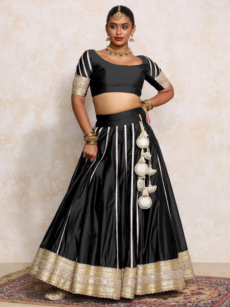 Mahira x Tyohaar | Black Plain Chandheri FlareFit™ Lehenga Set with Dupatta-Binks