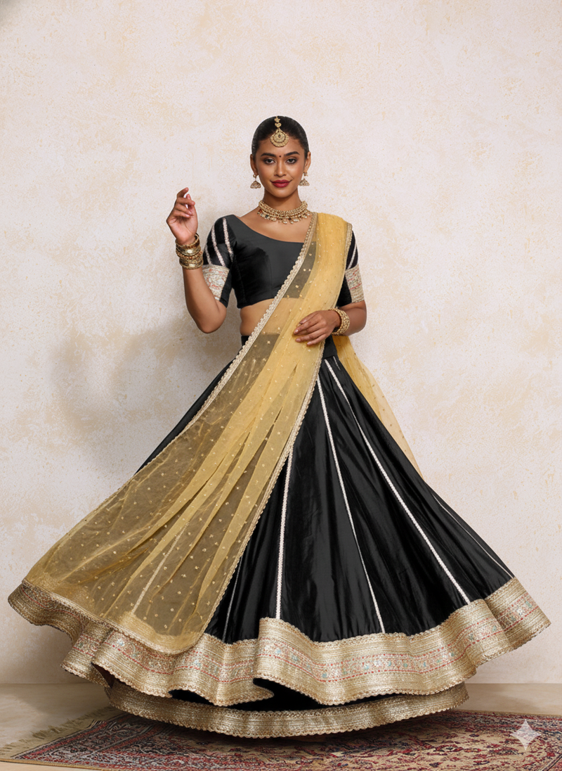 Mahira x Tyohaar | Black Plain Chandheri FlareFit™ Lehenga Set with Dupatta-Binks