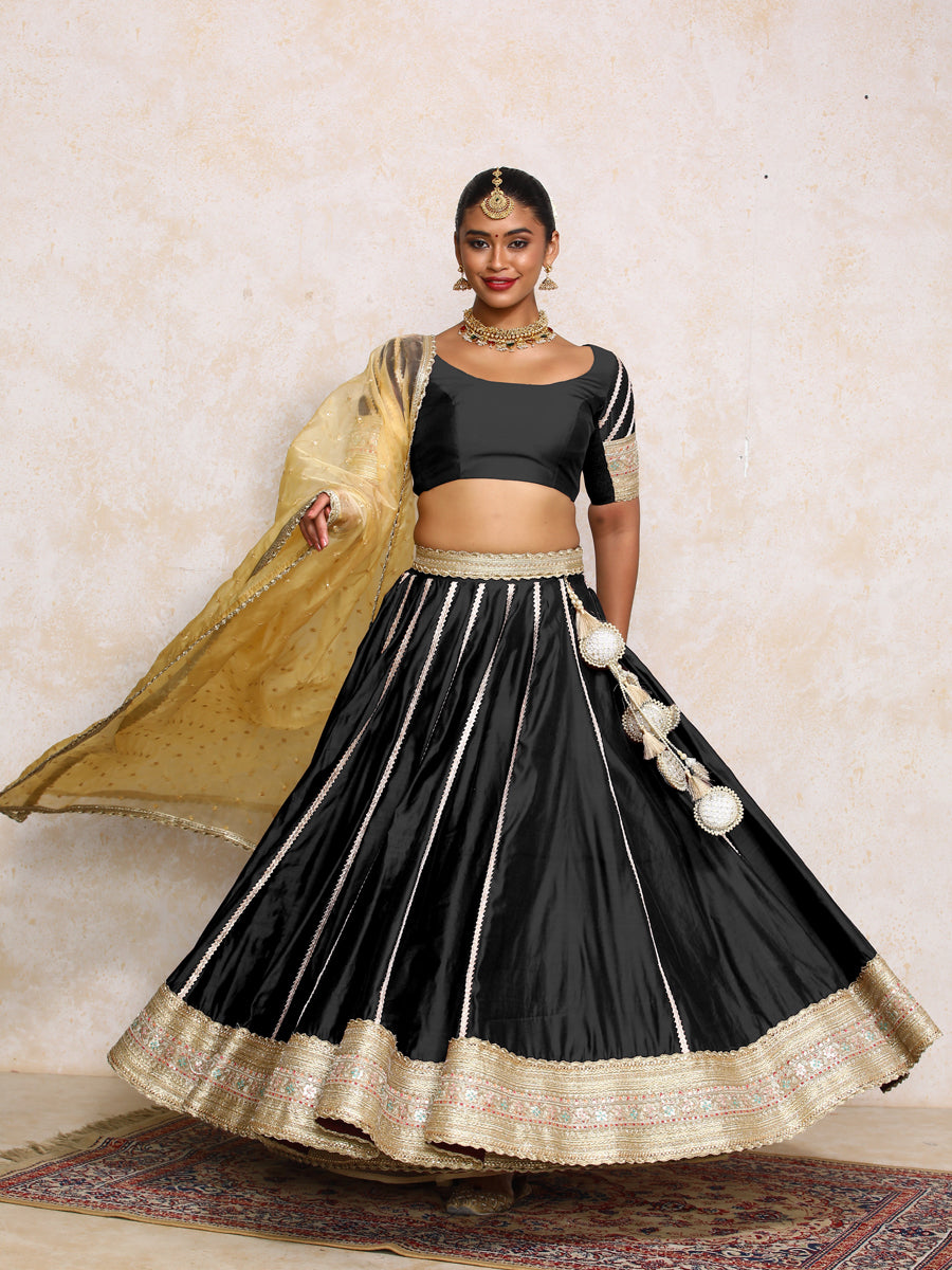 Mahira x Tyohaar Lehenga Set, in Black Chandheri, featuring elbow sleeves and scoop neckline, made for party & festive.
