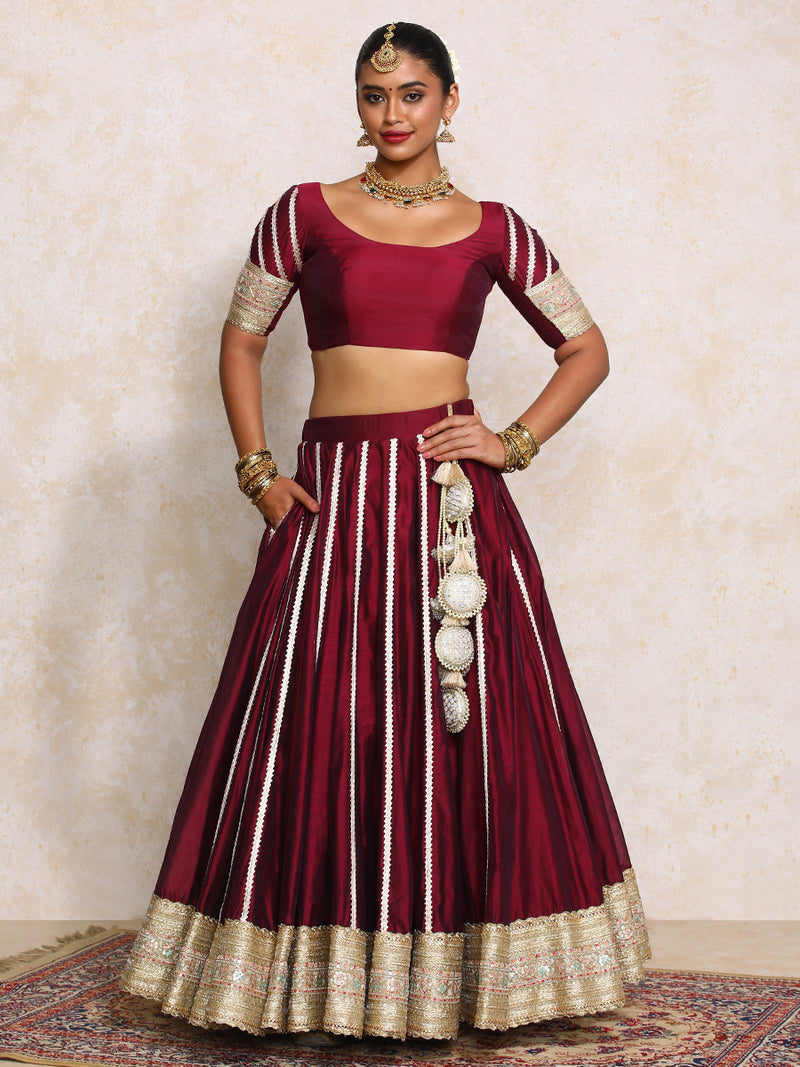 Mahira x Tyohaar | Burgundy Plain Chandheri Lehenga Set with Dupatta-Binks