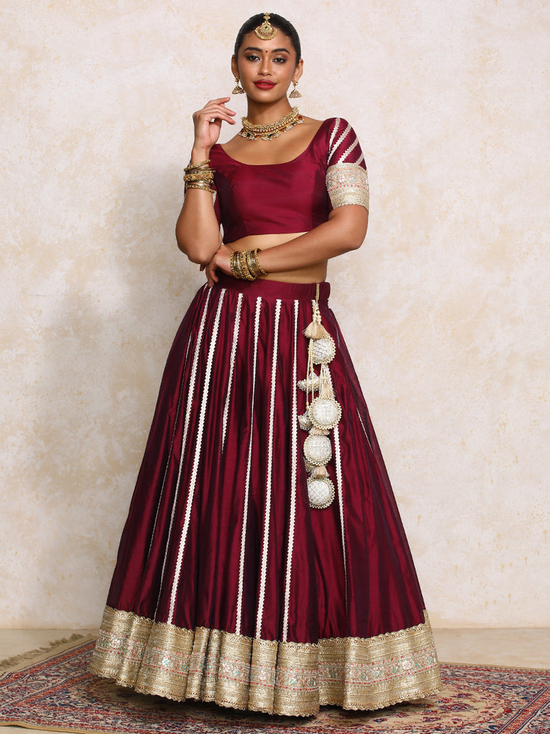 Mahira x Tyohaar | Burgundy Plain Chandheri Lehenga Set with Dupatta-Binks