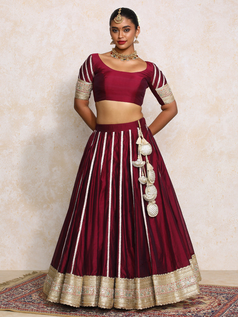 Mahira x Tyohaar | Burgundy Plain Chandheri Lehenga Set with Dupatta-Binks