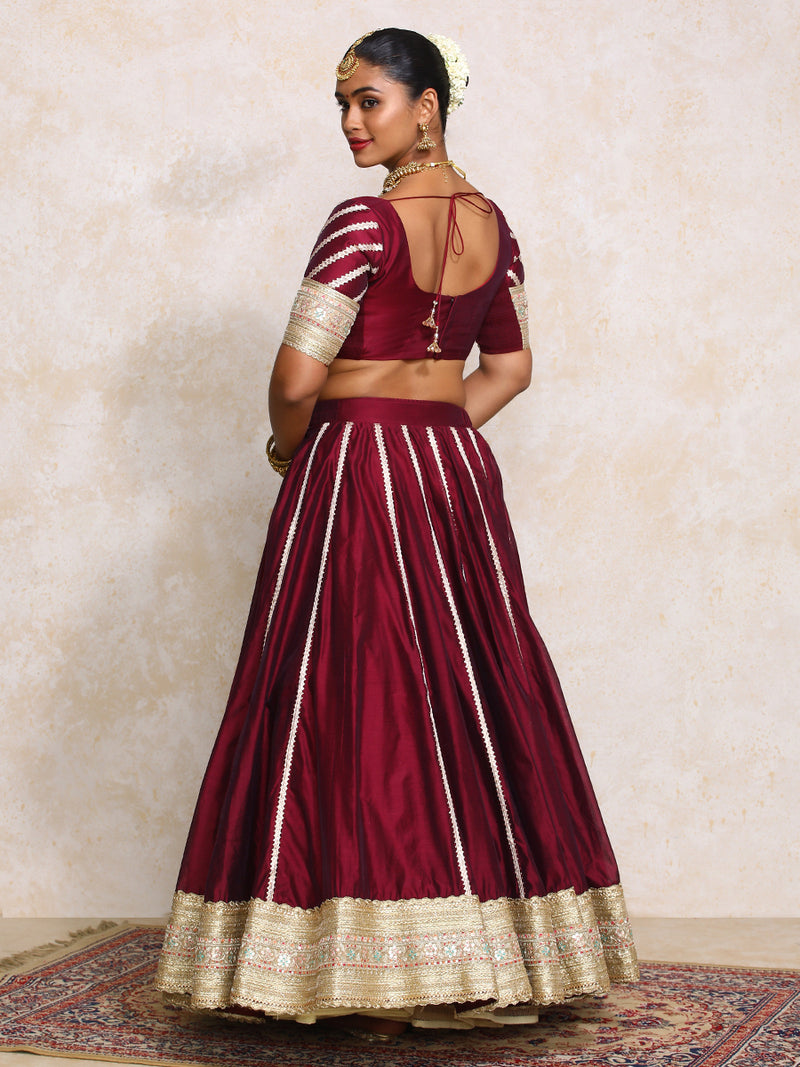 Mahira x Tyohaar | Burgundy Plain Chandheri Lehenga Set with Dupatta-Binks