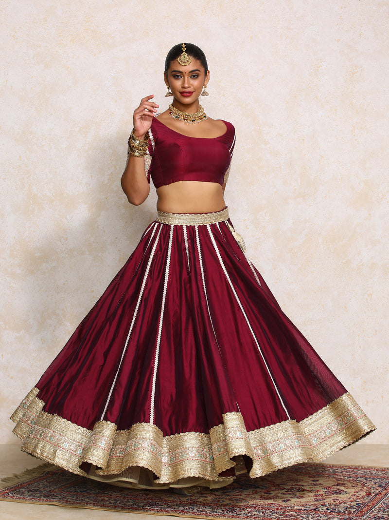 Mahira x Tyohaar | Burgundy Plain Chandheri Lehenga Set with Dupatta-Binks