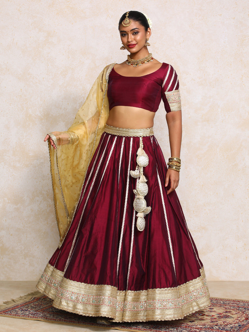 Mahira x Tyohaar | Burgundy Plain Chandheri Lehenga Set with Dupatta-Binks