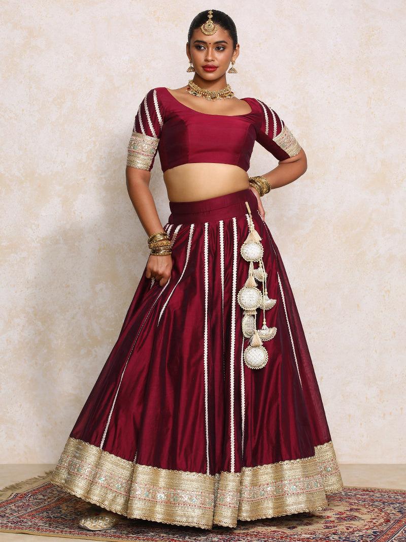 Mahira x Tyohaar | Burgundy Plain Chandheri Lehenga Set with Dupatta-Binks