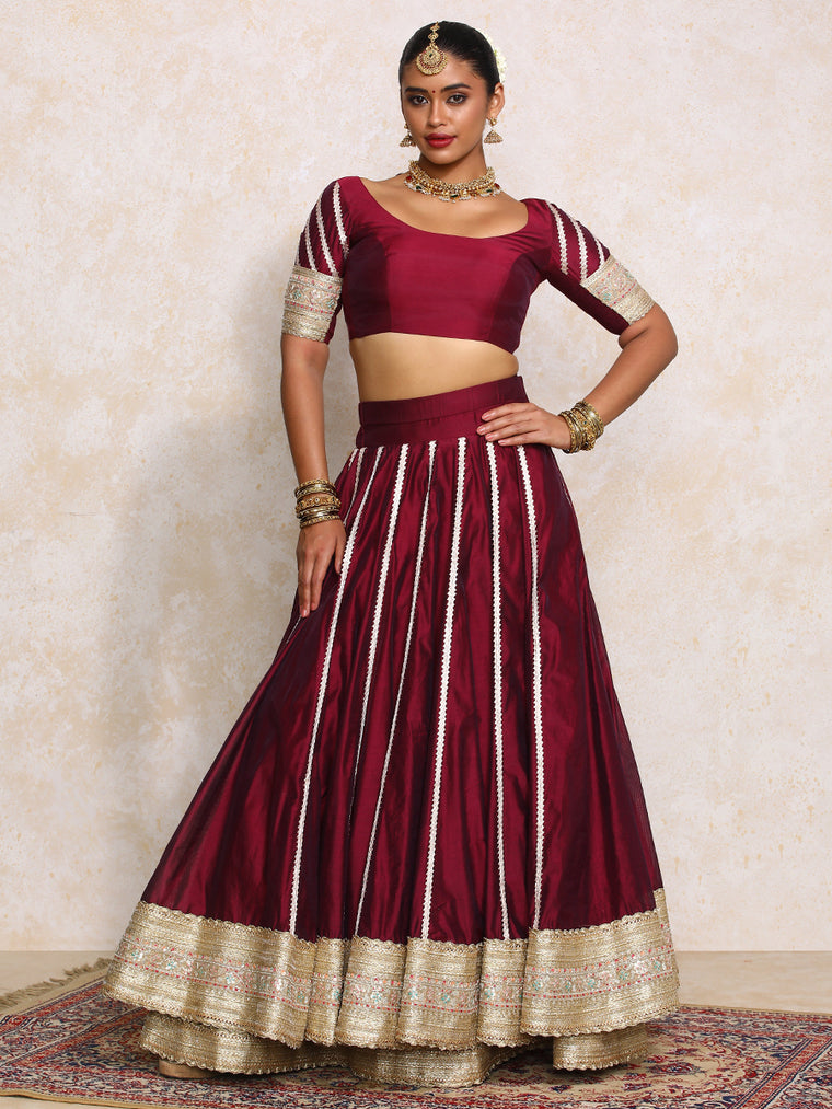 Mahira x Tyohaar Lehenga Set, in Maroon Chandheri, featuring elbow sleeves and scoop neckline, made for party & festive.