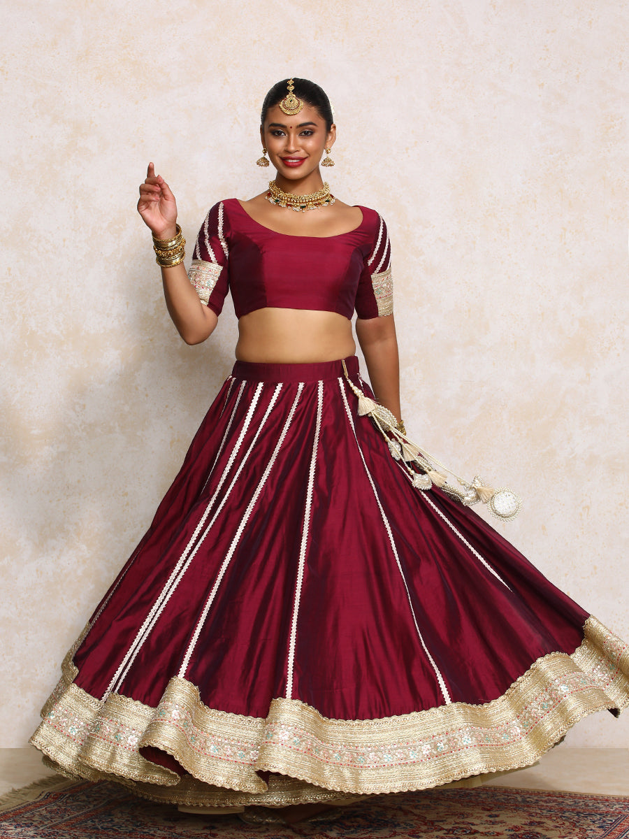 Mahira x Tyohaar Lehenga Set, in Maroon Chandheri, featuring elbow sleeves and scoop neckline, made for party & festive.