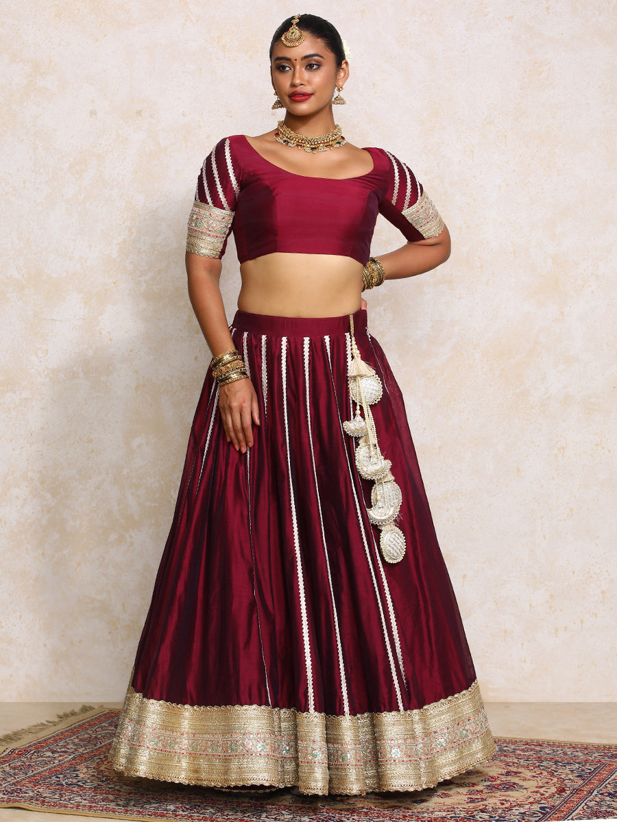 Mahira x Tyohaar Lehenga Set, in Maroon Chandheri, featuring elbow sleeves and scoop neckline, made for party & festive.