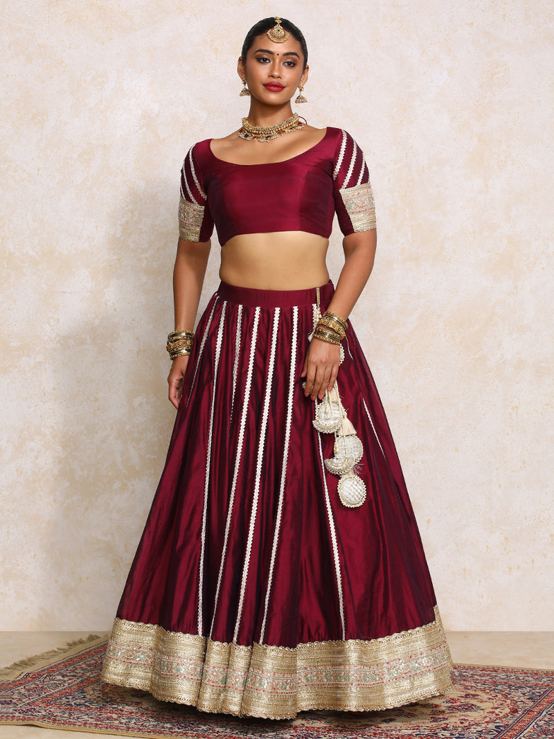 Mahira x Tyohaar | Burgundy Plain Chandheri Lehenga Set with Dupatta-Binks