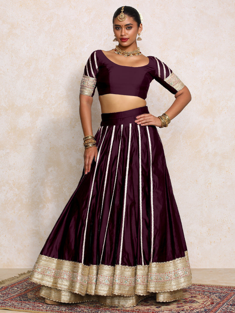 Mahira x Tyohaar | Deep Purple Plain Chandheri FlareFit™ Lehenga Set with Dupatta-Binks