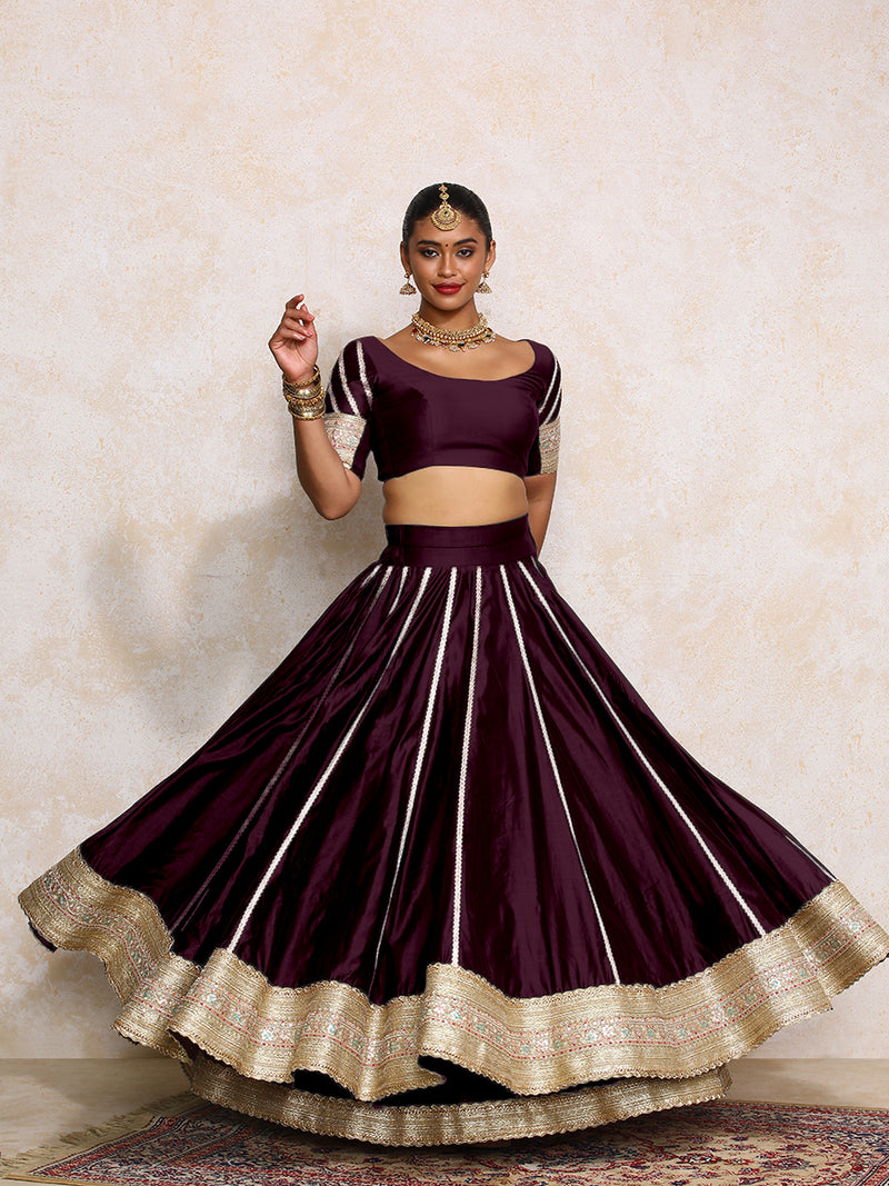 Mahira x Tyohaar | Deep Purple Plain Chandheri FlareFit™ Lehenga Set with Dupatta-Binks